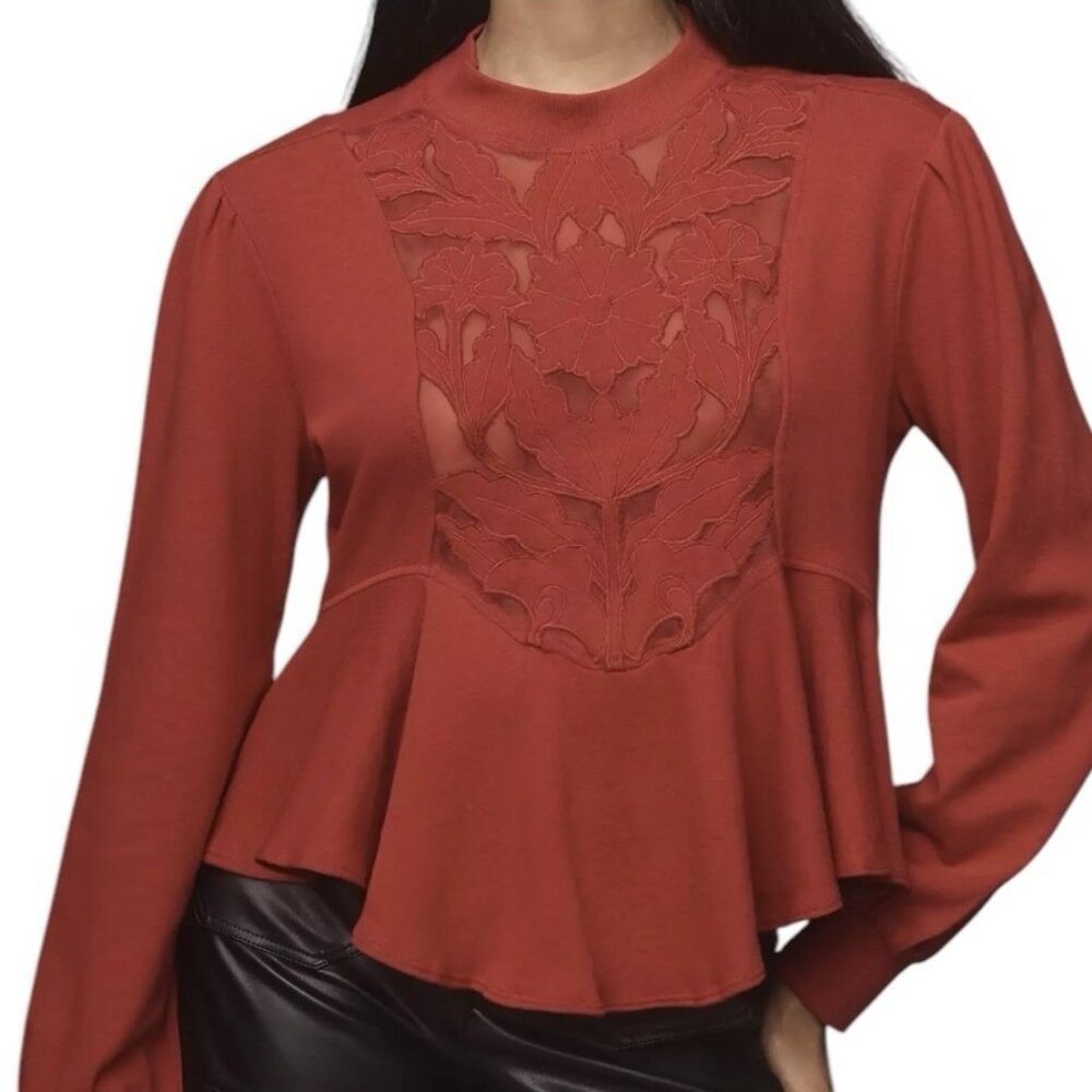 Anthropologie Lace Women’s Cutwork Swing Top Red Petite XS-P